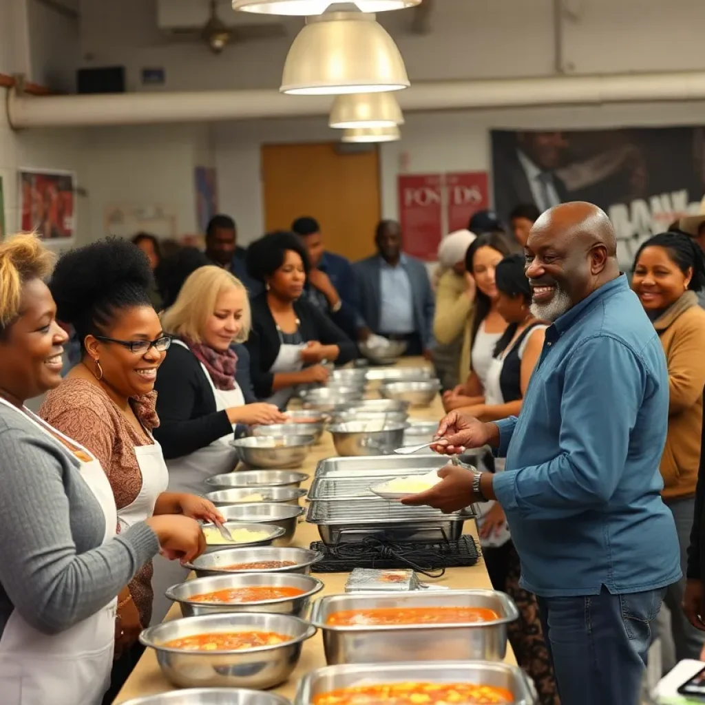 A lively soup kitchen gathering with music and volunteers.