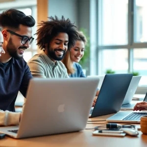 A team collaborating on digital marketing strategies in a modern office.