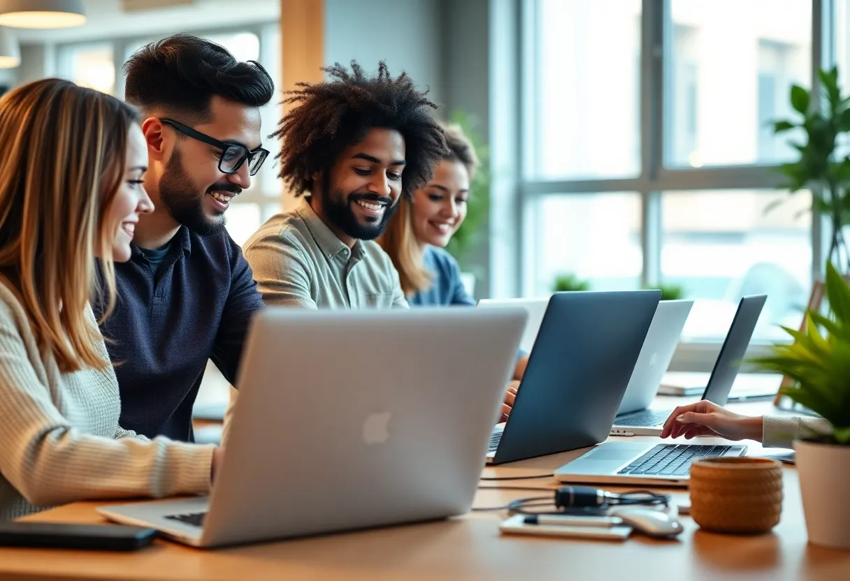 A team collaborating on digital marketing strategies in a modern office.