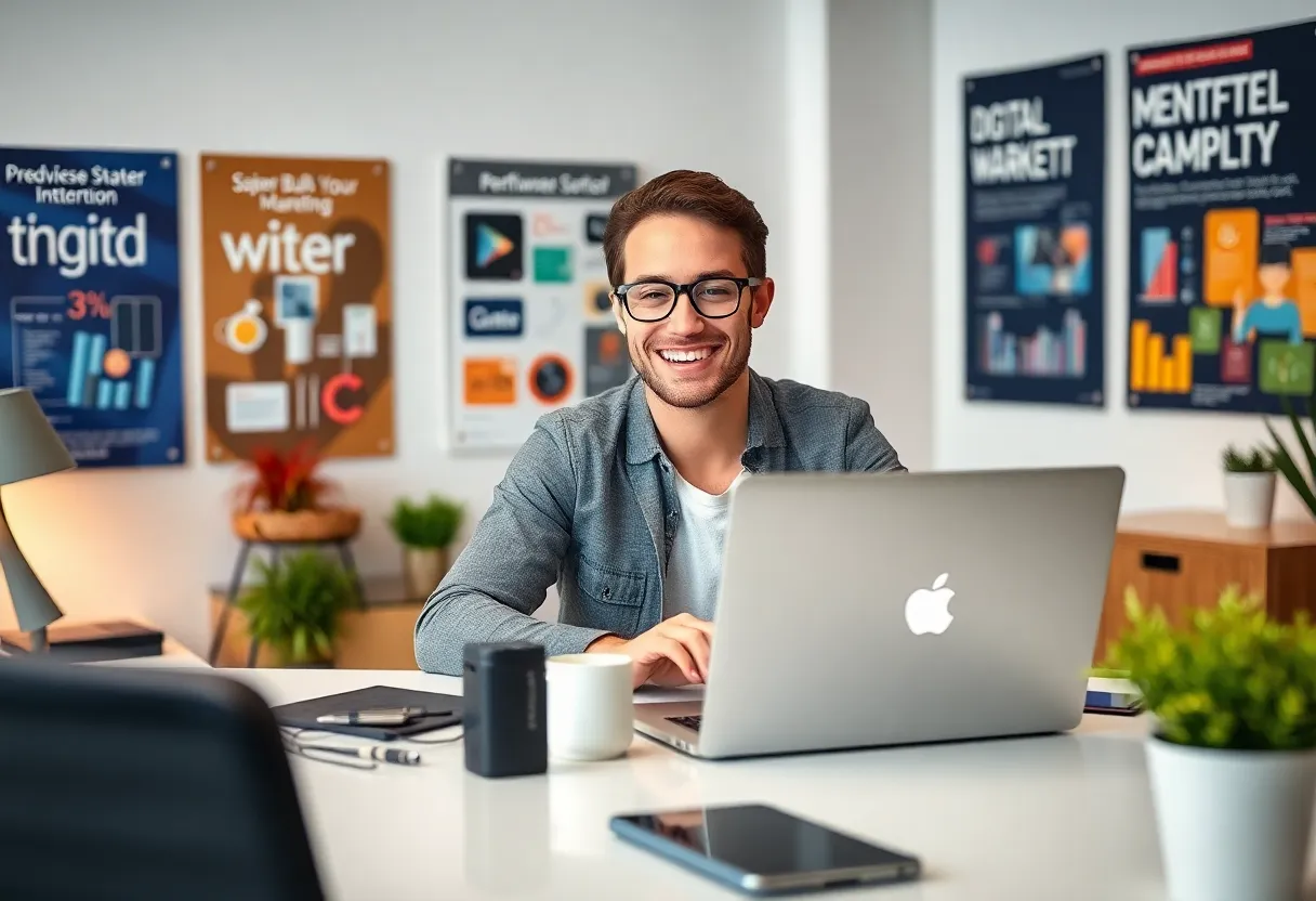 A young professional engaged in digital marketing tasks in a vibrant office.