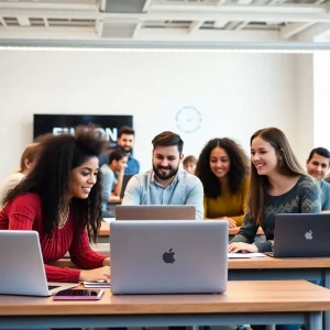 Students learning digital marketing in a modern classroom.