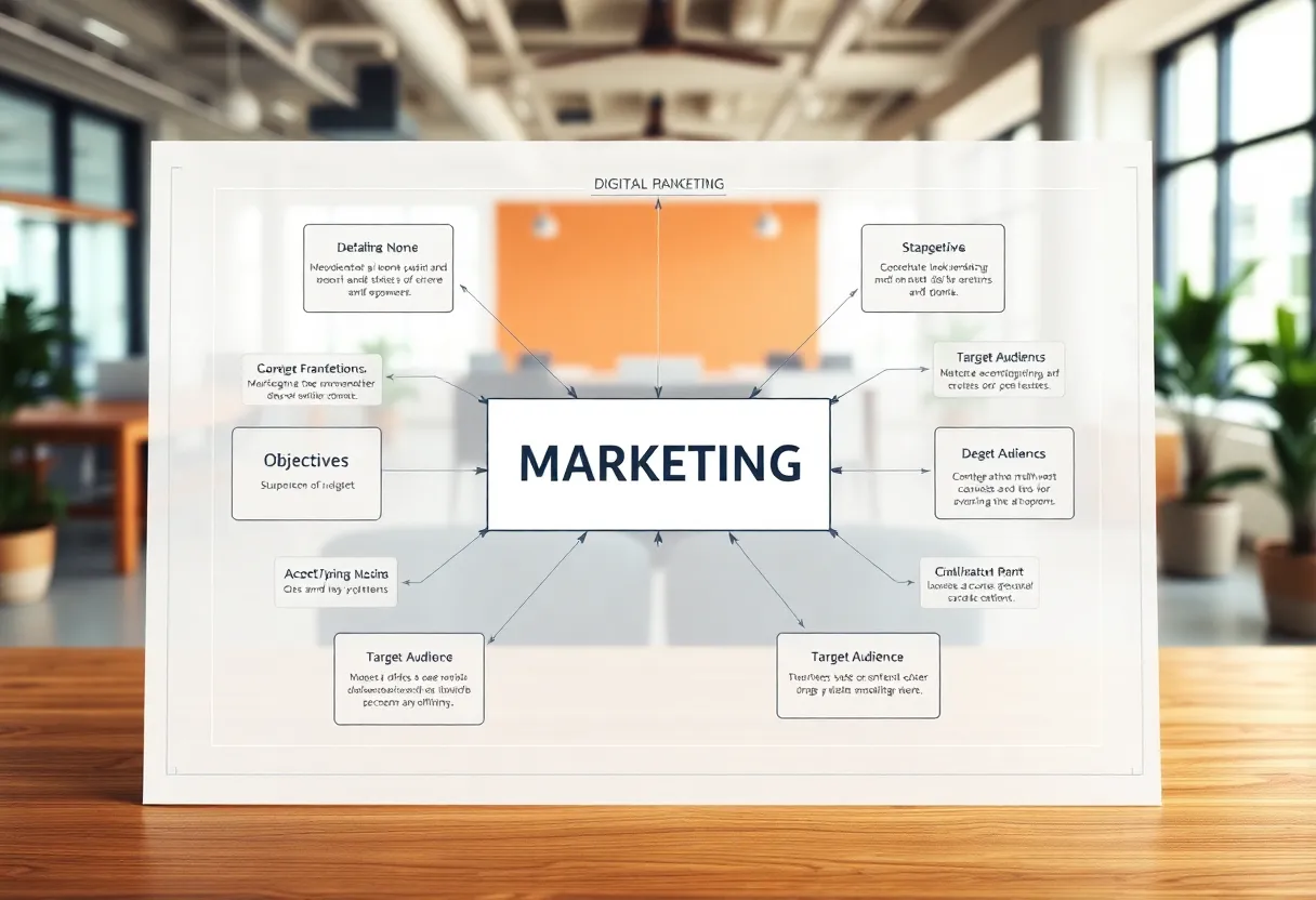 A blueprint of a digital marketing framework showcasing strategies and connections.