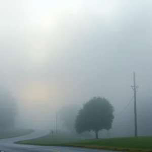 Foggy scene in Southeast Georgia with reduced visibility