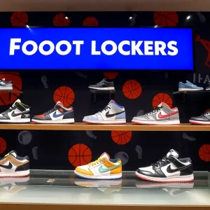 Foot Locker display showcasing basketball sneakers.