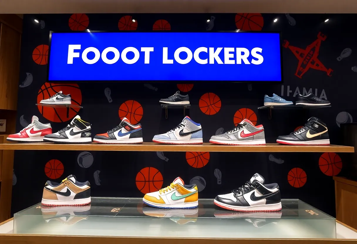 Foot Locker display showcasing basketball sneakers.