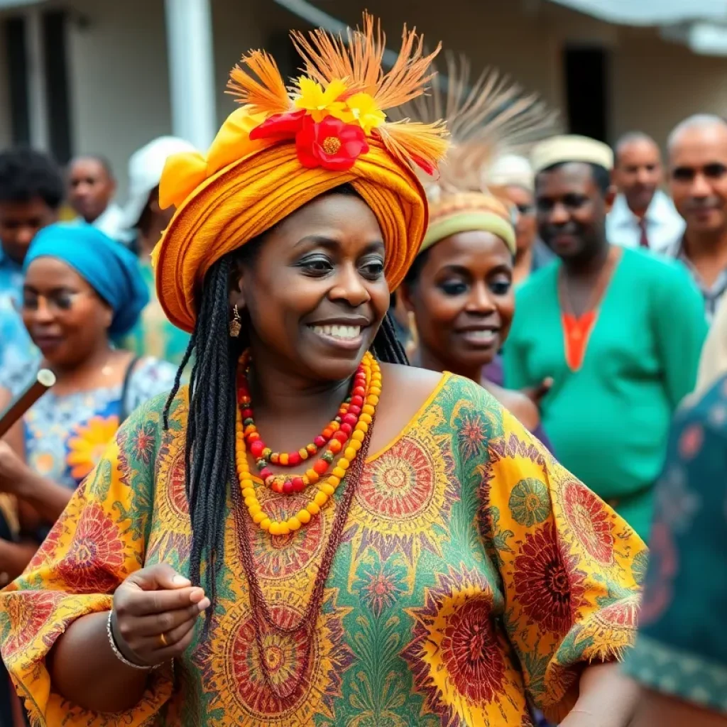 A lively celebration with people engaged in Gullah Geechee traditions.