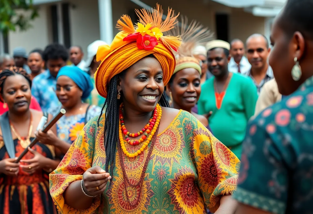 A lively celebration with people engaged in Gullah Geechee traditions.