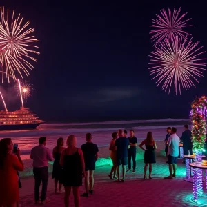 New Year's Eve celebration on Hilton Head Island with fireworks and party goers.