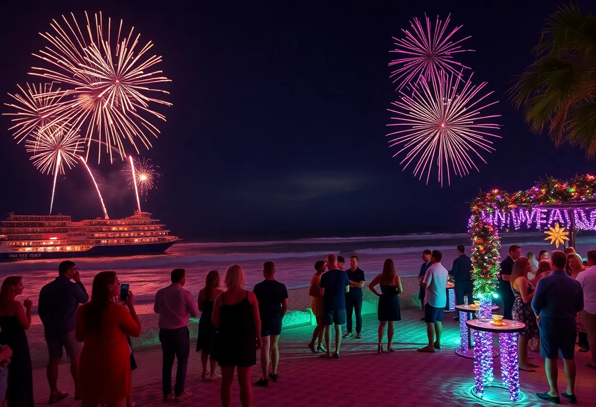 New Year's Eve celebration on Hilton Head Island with fireworks and party goers.