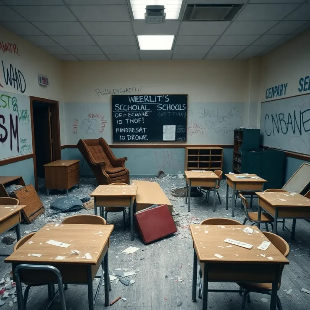 Vandalized classroom with overturned furniture and graffiti