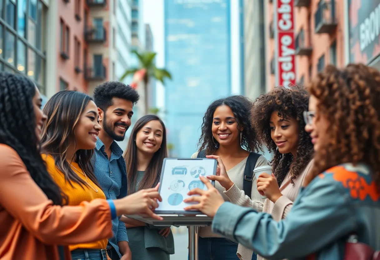 Influencers brainstorming ideas for a product launch in an urban environment.