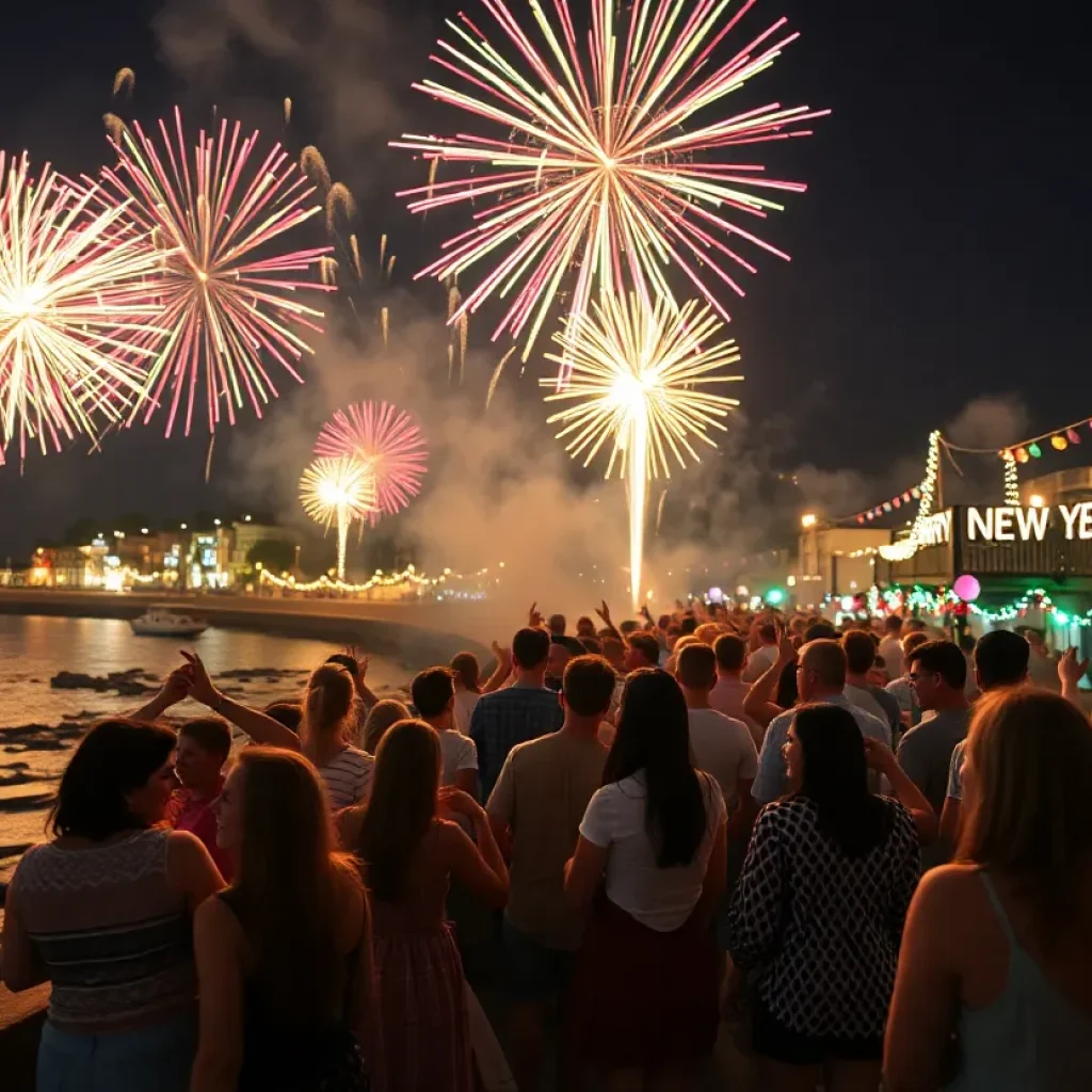 Festive New Year celebrations in Hilton Head, showcasing fireworks and people enjoying the festivities.