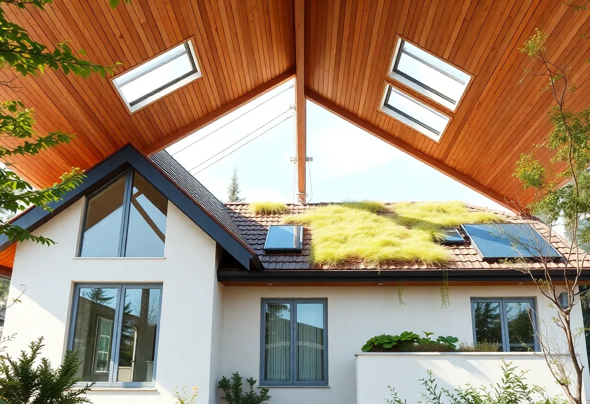 Modern roof design featuring skylights and solar panels