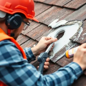 Homeowner patching a small hole in the roof