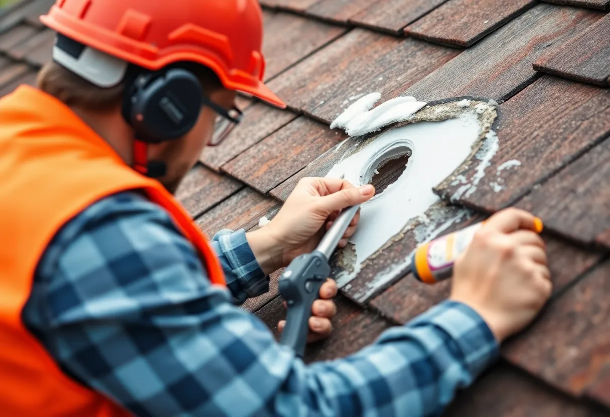 Homeowner patching a small hole in the roof