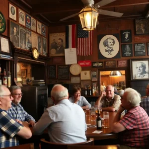 Interior of Pinkie Master’s Bar with decorations and people sharing stories