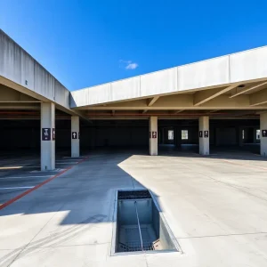 A clean and well-kept precast parking structure showing clear markings and proper drainage.