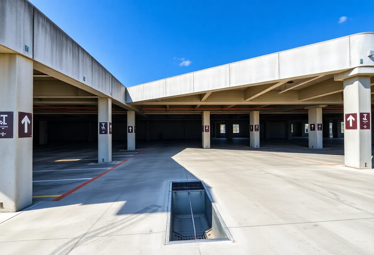 A clean and well-kept precast parking structure showing clear markings and proper drainage.