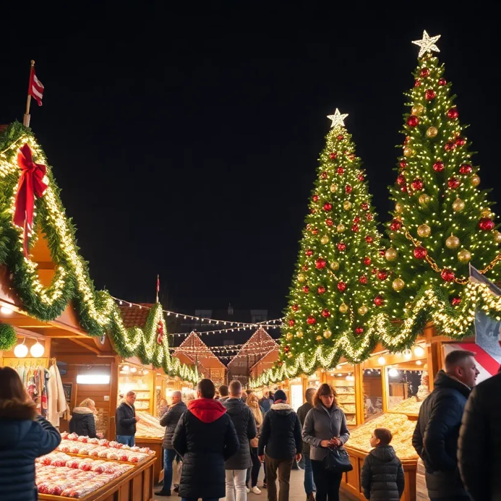 Families enjoying the Savannah Christmas Market with a large Christmas tree and twinkling lights in the background.