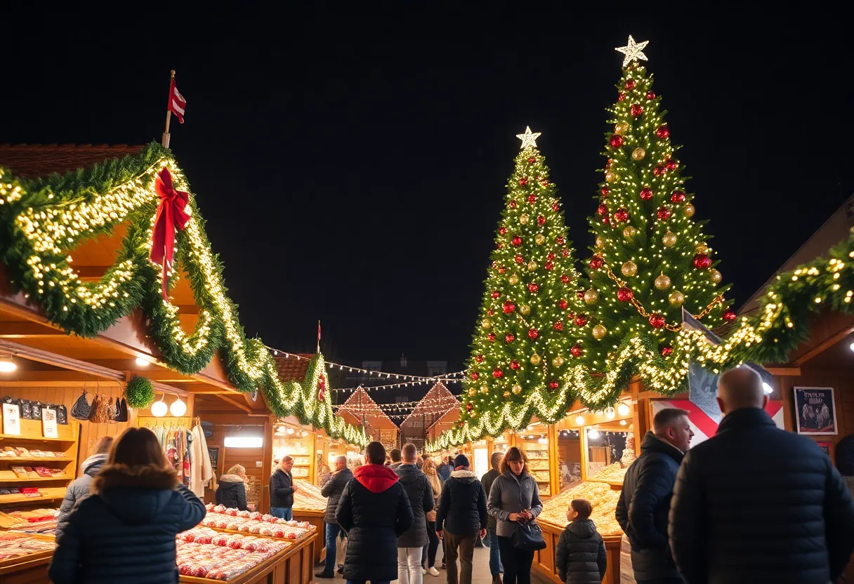 Families enjoying the Savannah Christmas Market with a large Christmas tree and twinkling lights in the background.