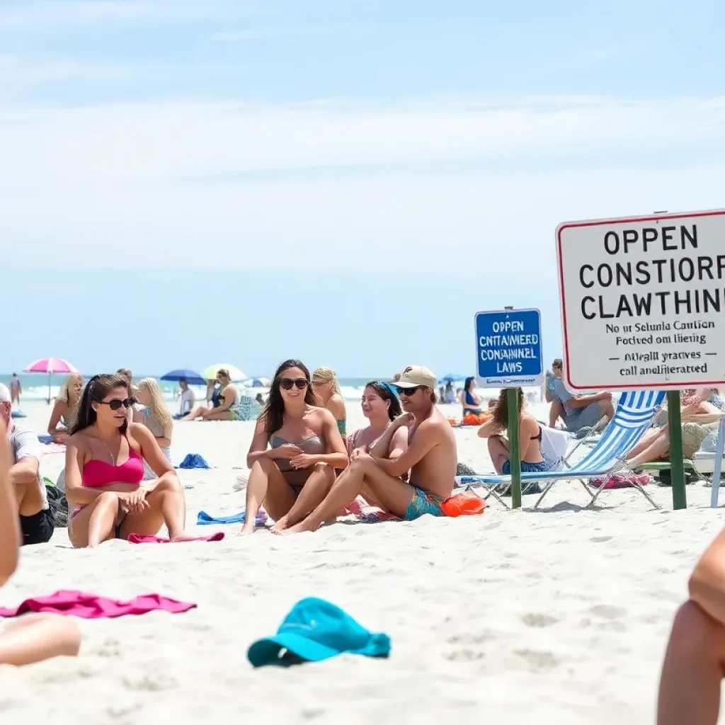 Beautiful South Carolina beach with signs prohibiting open containers.