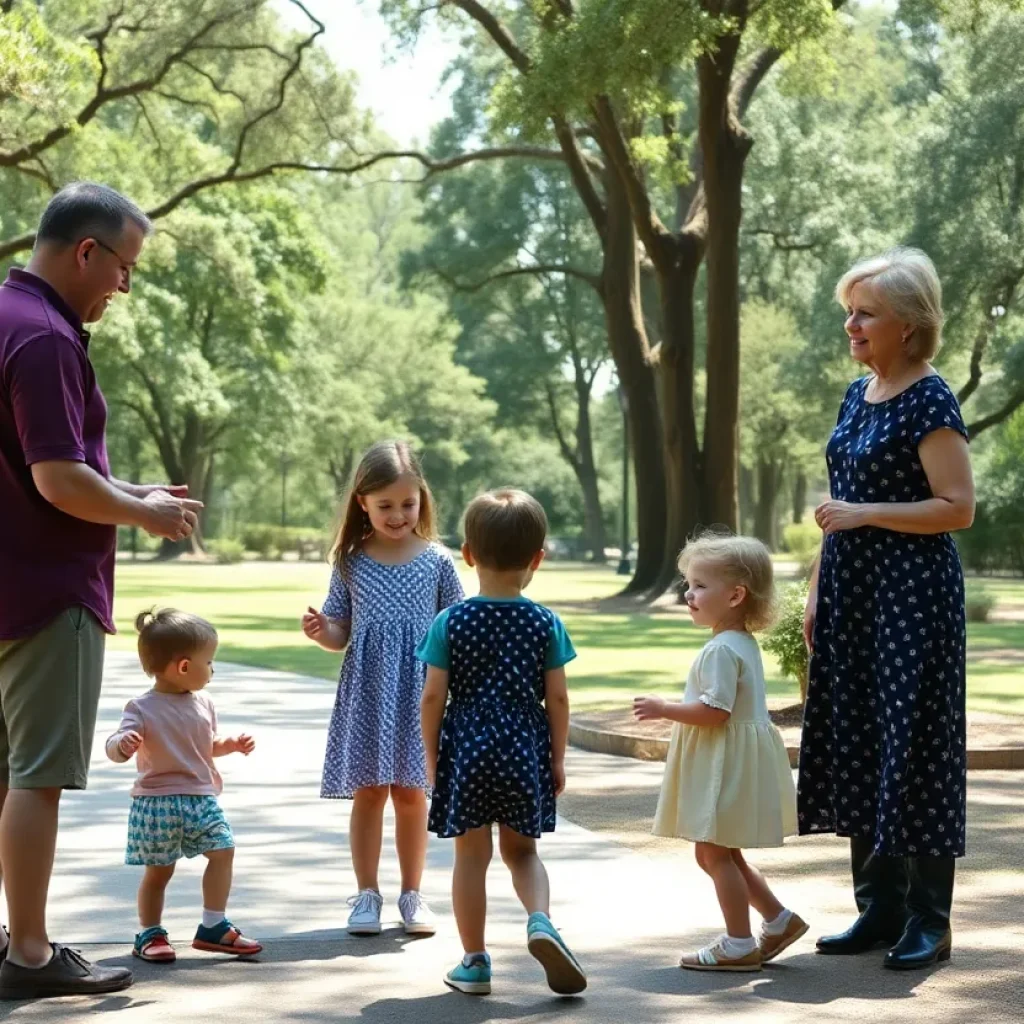 Parents discussing babysitting options in a park in Bluffton, SC.