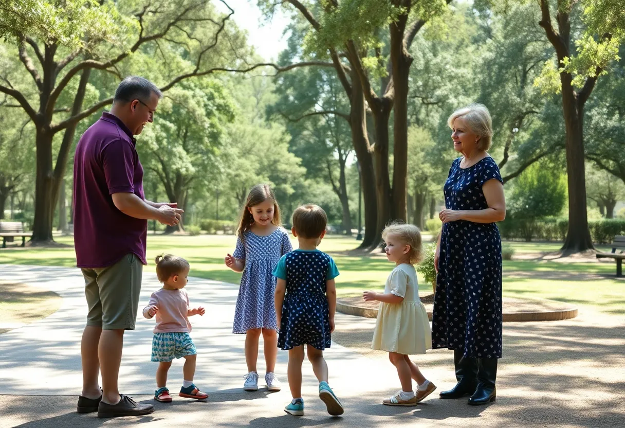 Parents discussing babysitting options in a park in Bluffton, SC.