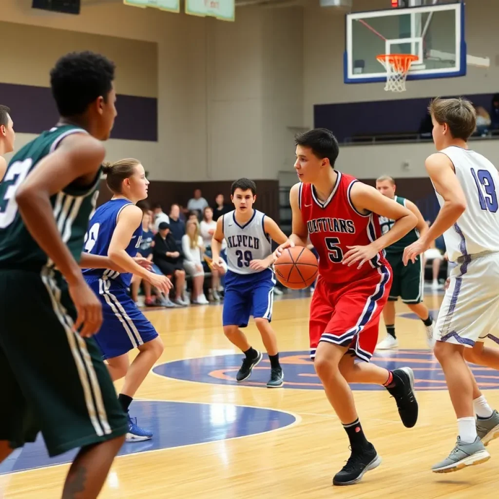 High school basketball players in action during a game in Beaufort