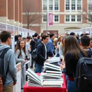 Students exploring college fair booths at the University of South Carolina Beaufort.