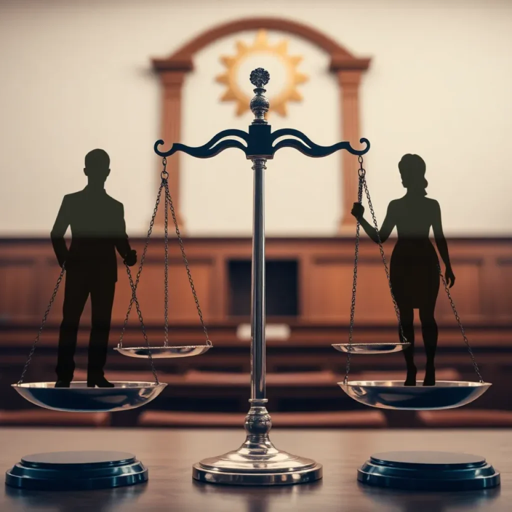 Symbol of justice in a courtroom emphasizing gender equity