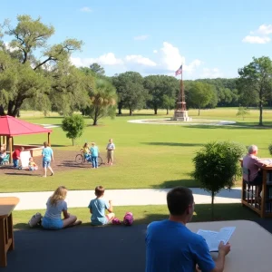 Families enjoying a sunny day at Beaufort County parks with children playing and people reading.