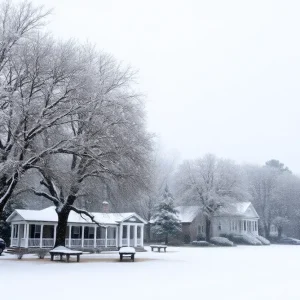 Snow-covered streets and trees in Beaufort County