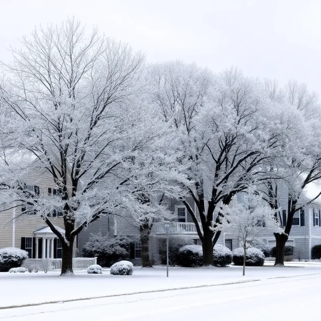 Snow-covered trees and streets in Beaufort County