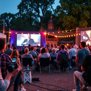 A vibrant scene from the Beaufort International Film Festival, showcasing outdoor film screening and audience engagement