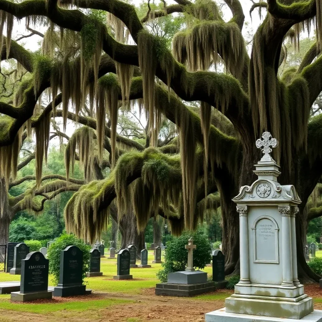 Scenic view of Beaufort National Cemetery with oak trees