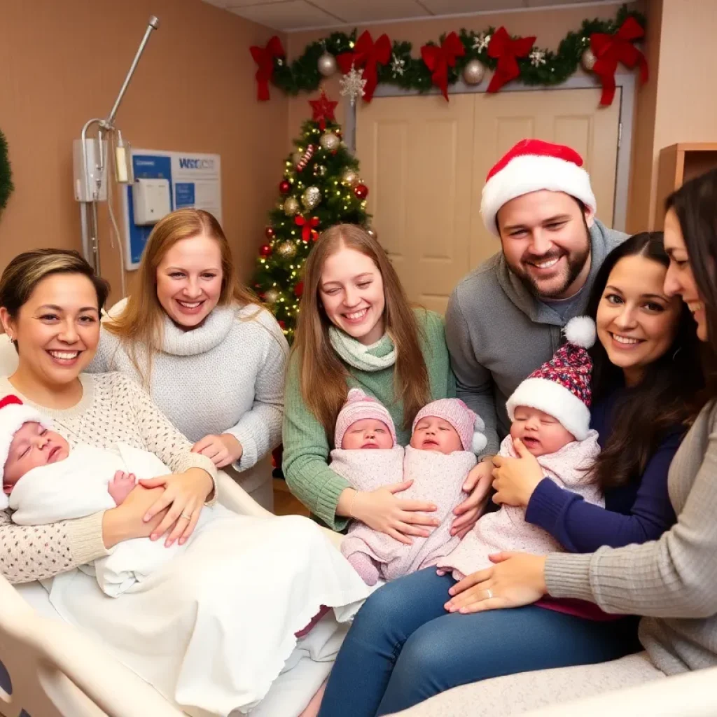 Newborns in festive holiday hats at Beaufort Memorial Collins Birthing Center.