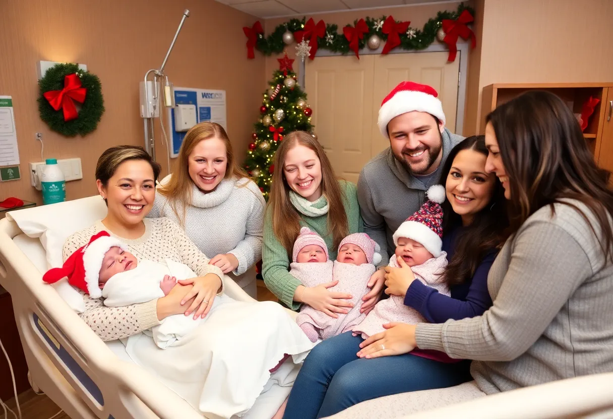 Newborns in festive holiday hats at Beaufort Memorial Collins Birthing Center.