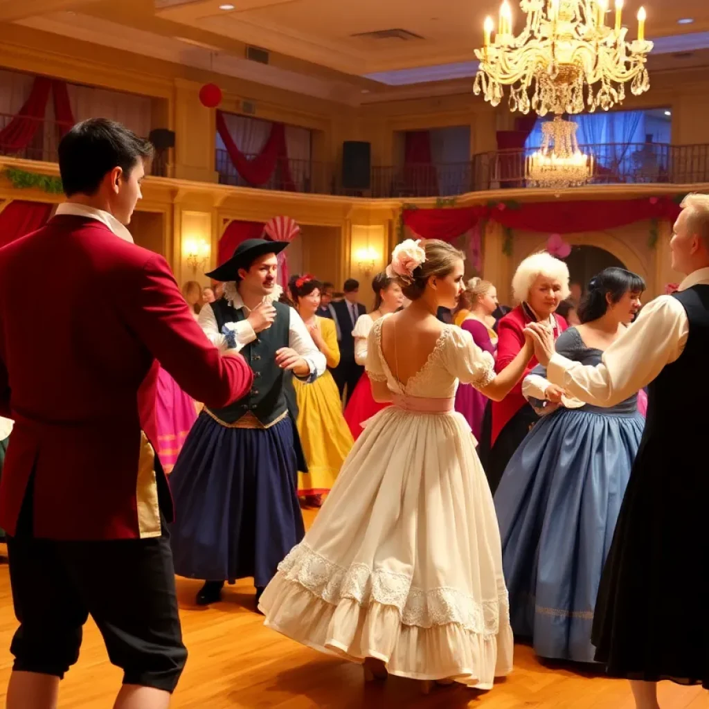 Dancers in 18th-century costumes celebrating the American Revolution