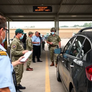 Security checkpoint at Marine Corps installation in Beaufort County with personnel checking IDs.