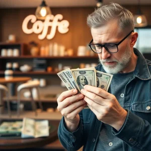 A shopper checking cash for authenticity in a coffee shop setting.