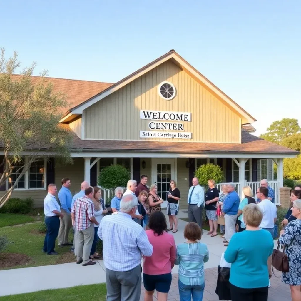 Attendees celebrating the opening of Bluffton's Welcome Center at Squire Pope Carriage House.