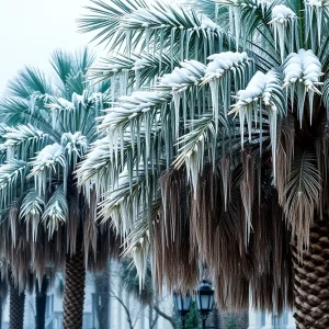 Winter scene in Charleston South Carolina with snow and palm trees