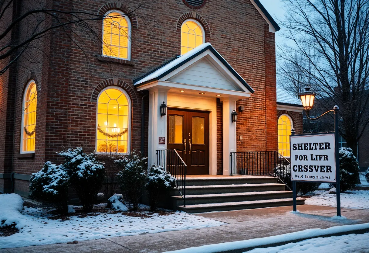 Warm lights shining from a church during winter indicating a cold weather shelter.