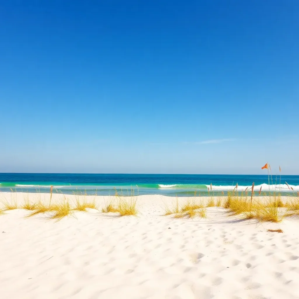 View of Coligny Beach with blue waters and white sand on Hilton Head Island