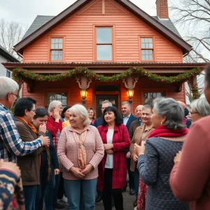 Community members gather outside a historic home providing support after a tragic fire.