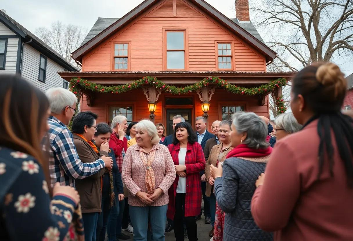 Community members gather outside a historic home providing support after a tragic fire.