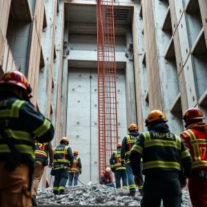 Firefighters responding to an emergency at a construction site in Savannah, Georgia.