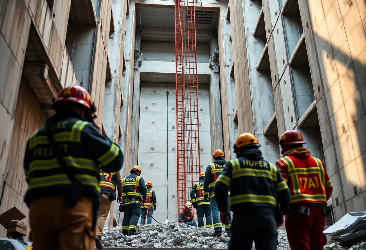 Firefighters responding to an emergency at a construction site in Savannah, Georgia.