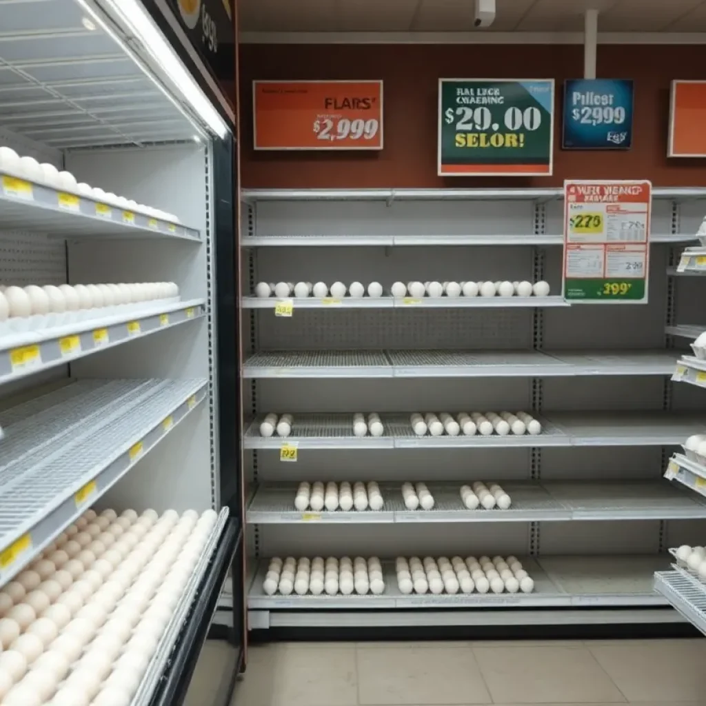 Empty egg shelves in a grocery store indicating a shortage