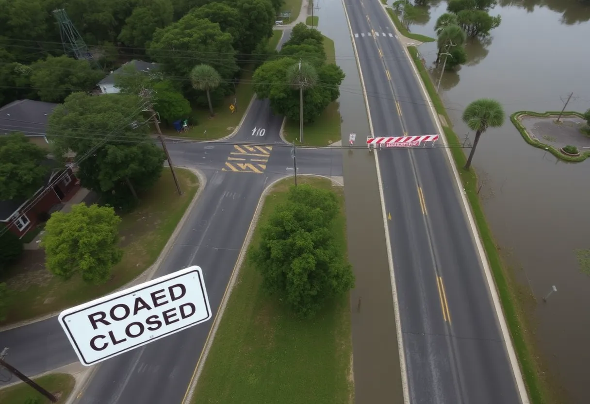 Flooded streets and road closures in Jasper County after Tropical Storm Debby